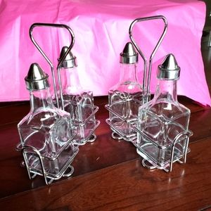 Diner Style Oil & Vinegar Shakers w/Silver Metal Caddy Stainless Steel Lids